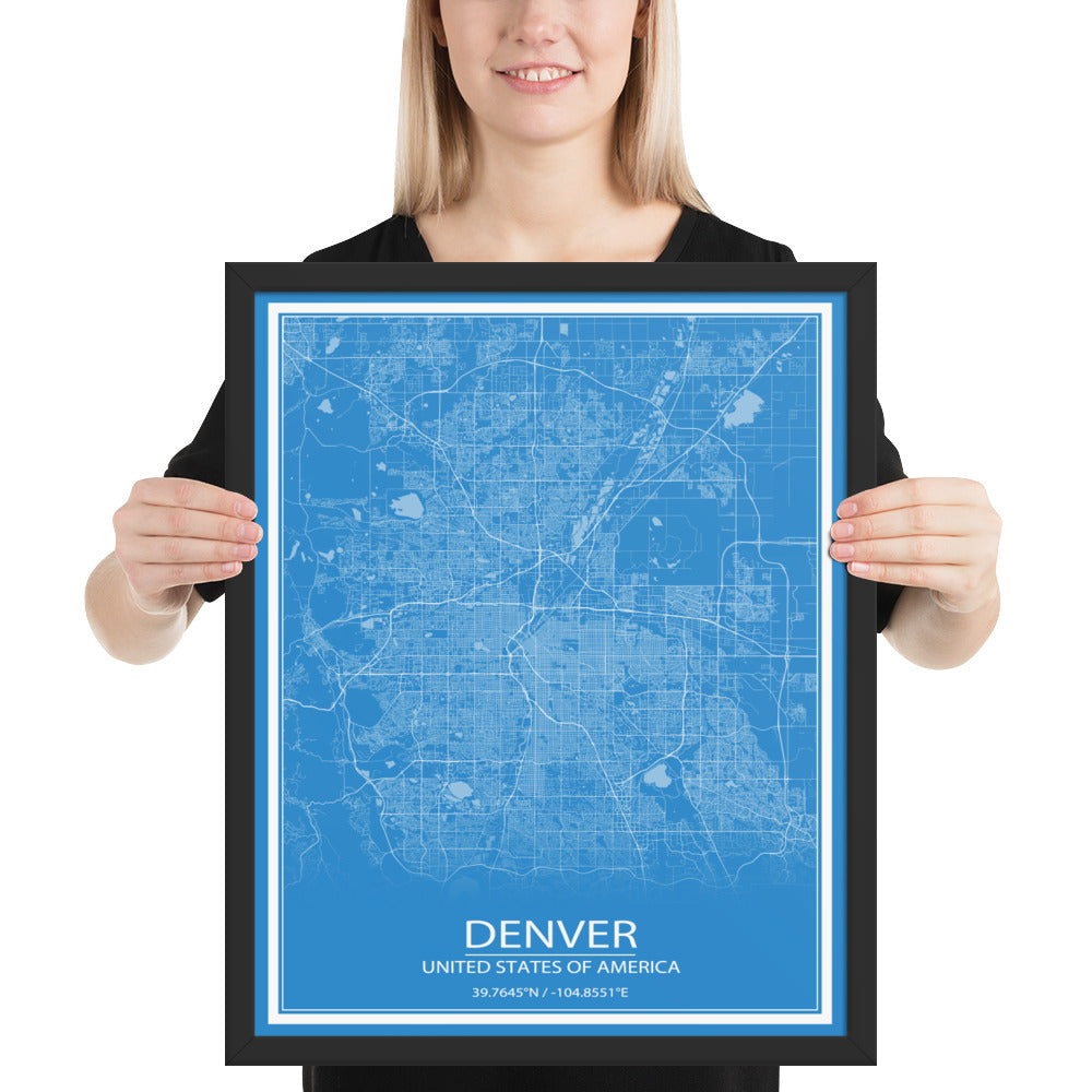 Denver Blue and White Framed Map