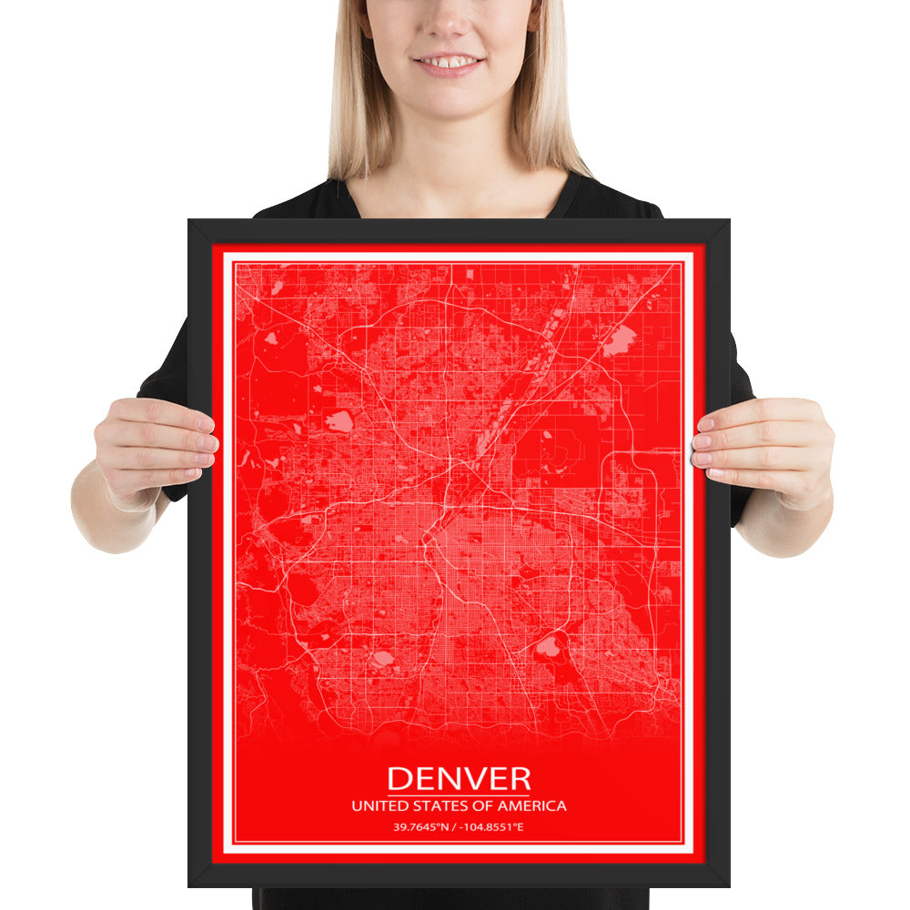 Denver Red and White Framed Map