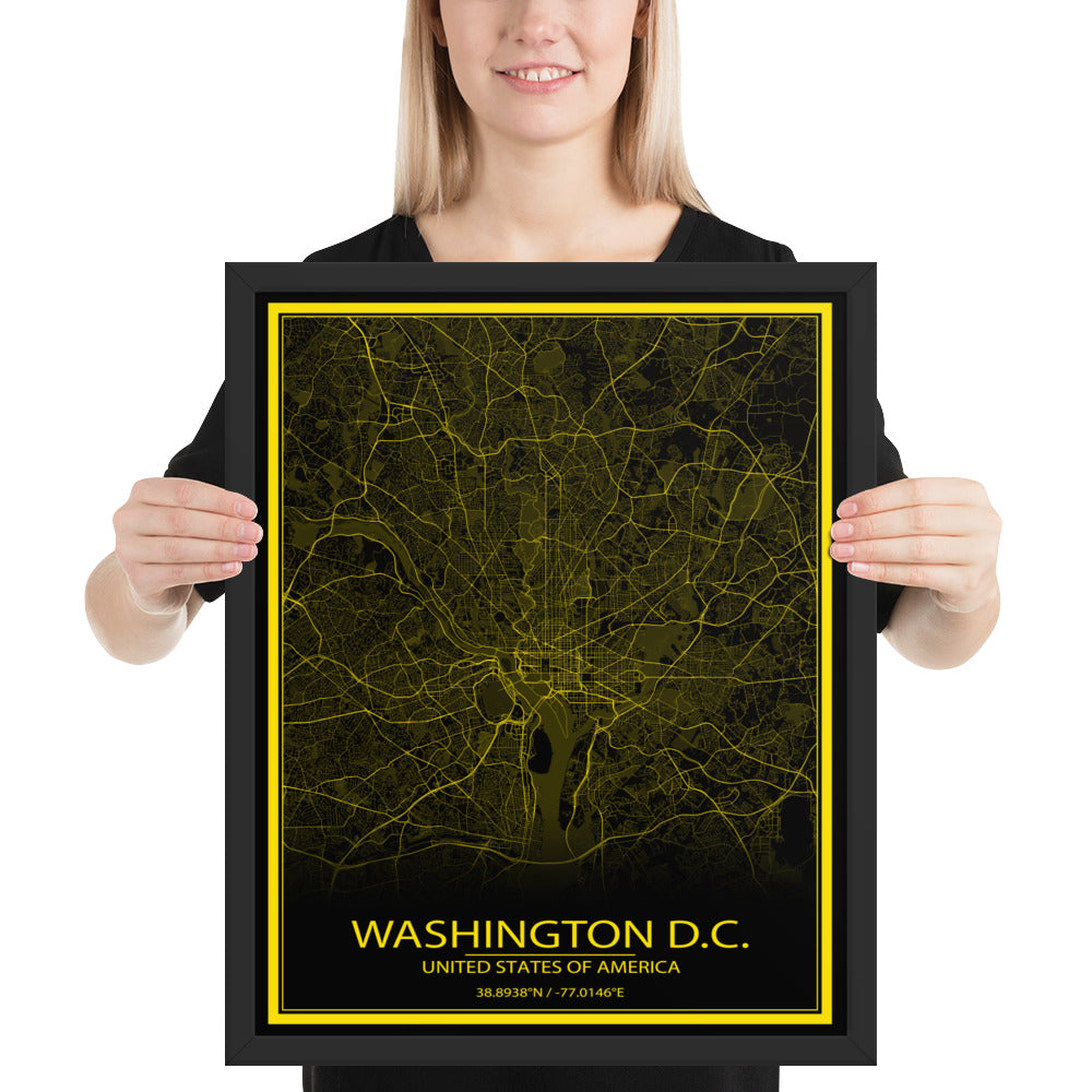 Washington, D.C. Black and Yellow Framed Map