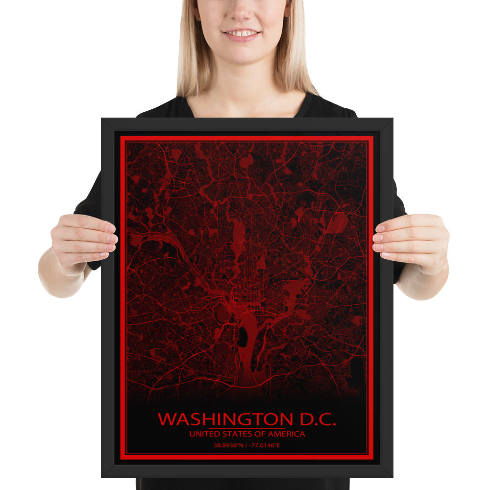 Washington, D.C. Black and Red Framed Map