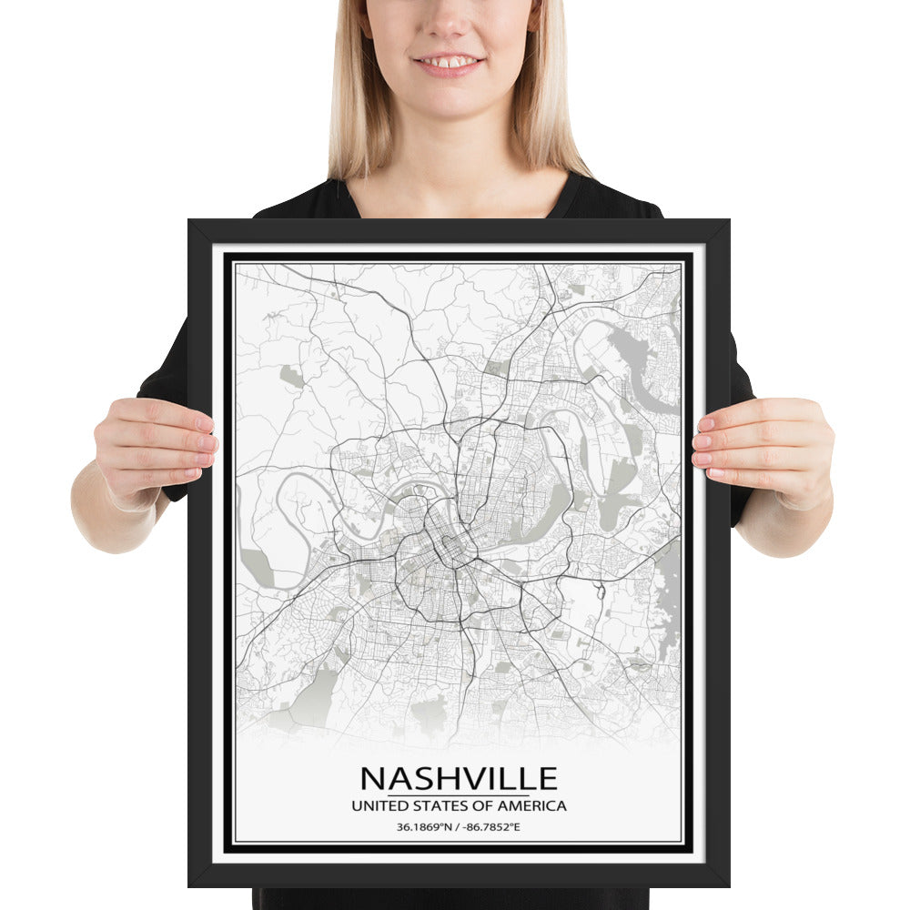 Nashville White Framed Map