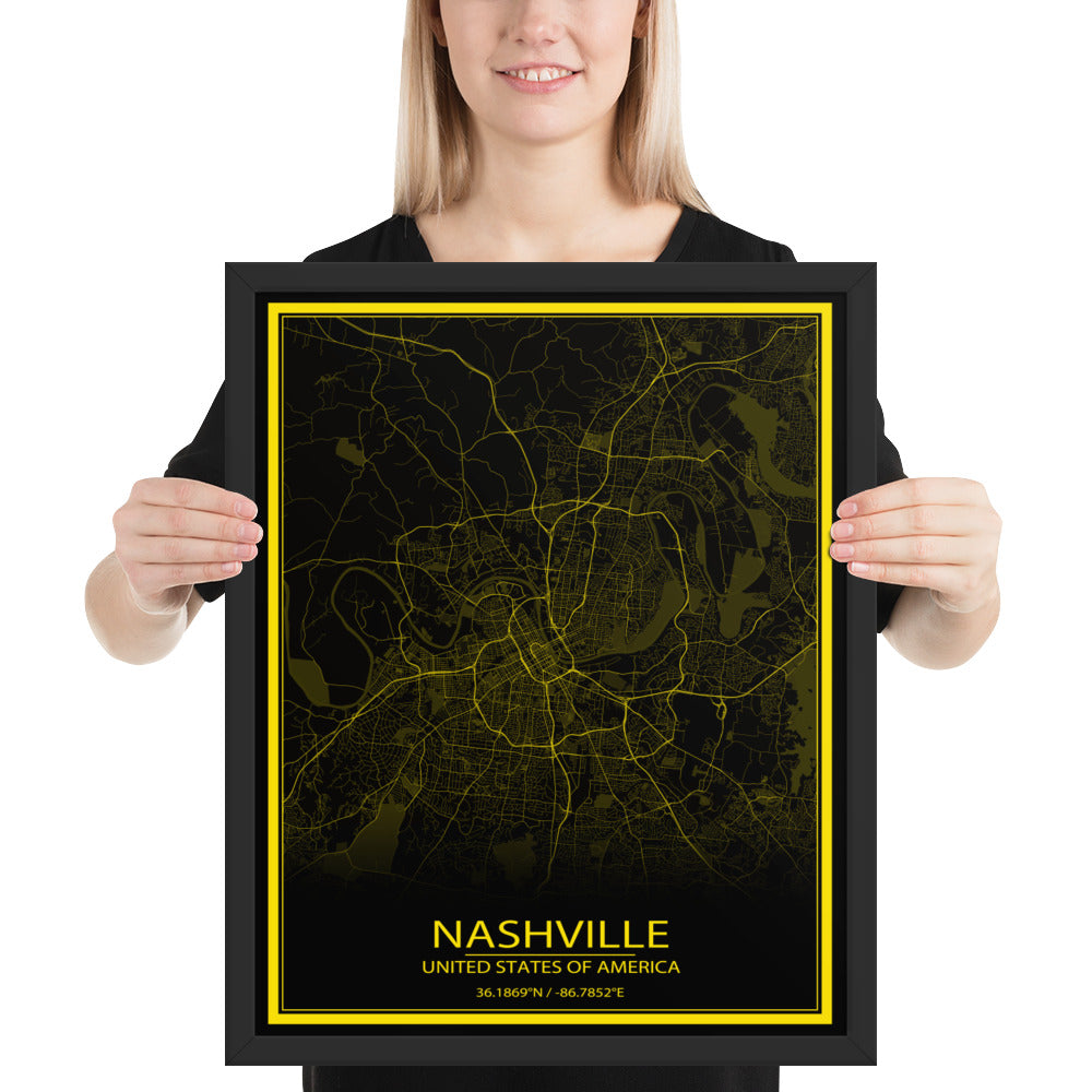 Nashville Black and Yellow Framed Map