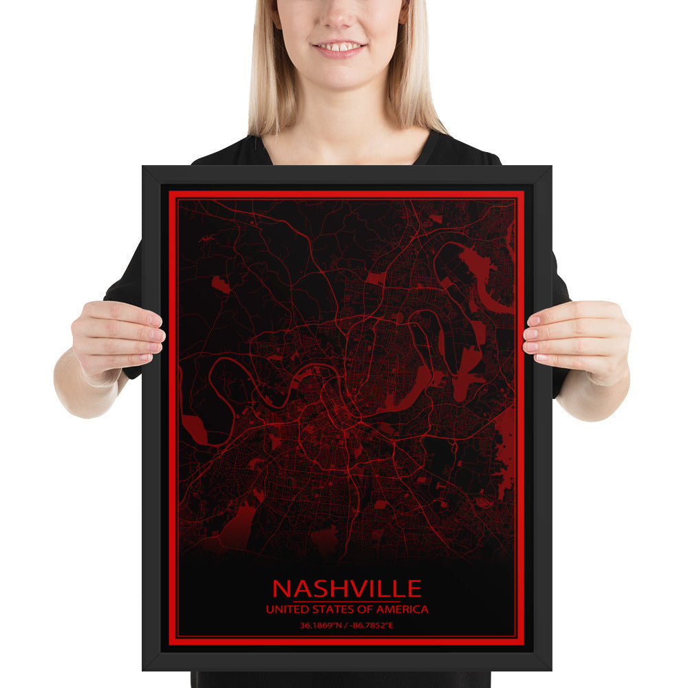 Nashville Black and Red Framed Map