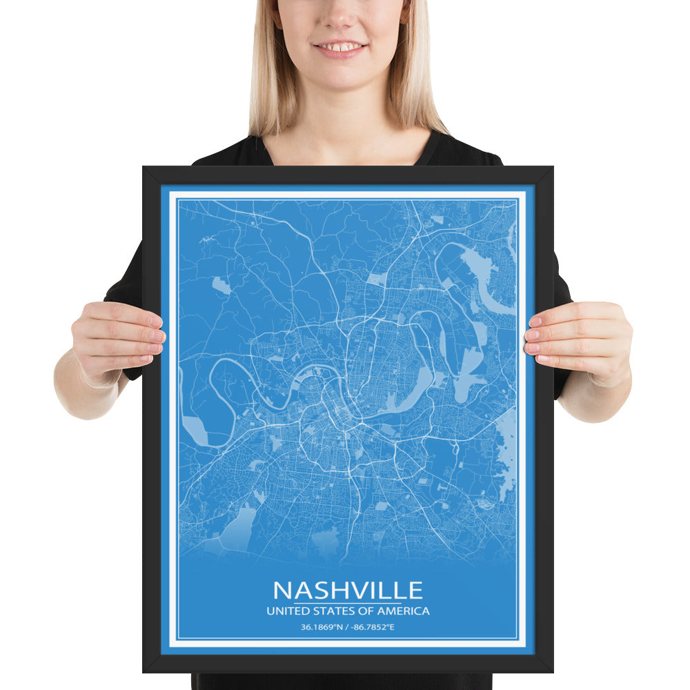 Nashville Blue and White Framed Map