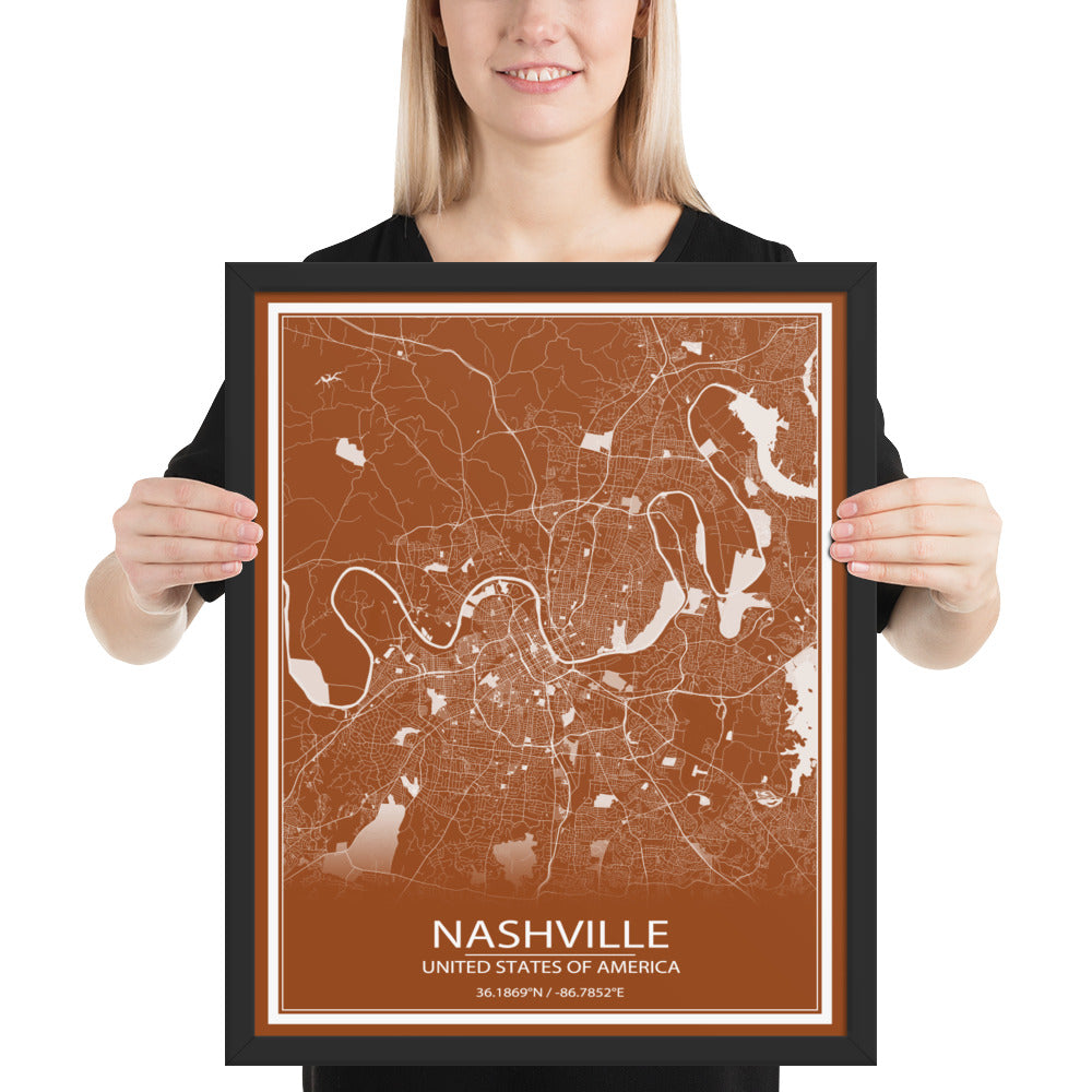 Nashville Brown and White Framed Map