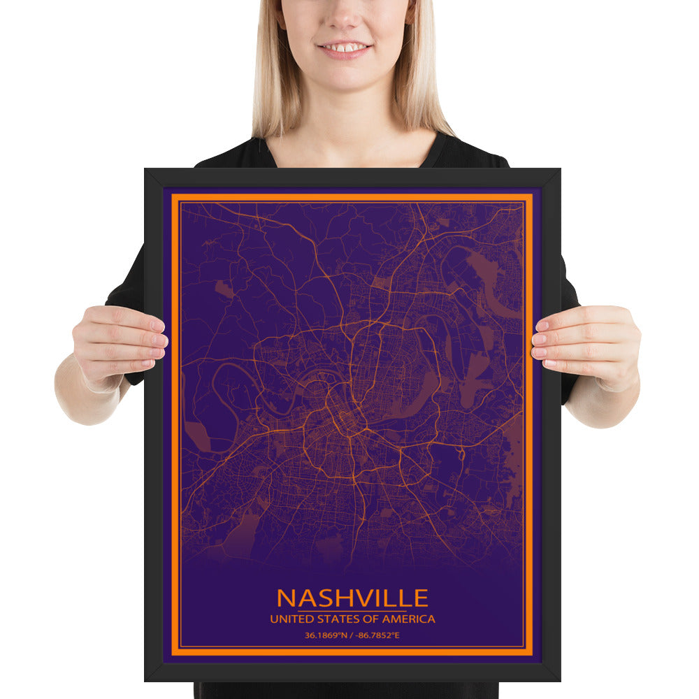 Nashville Purple and Orange Framed Map