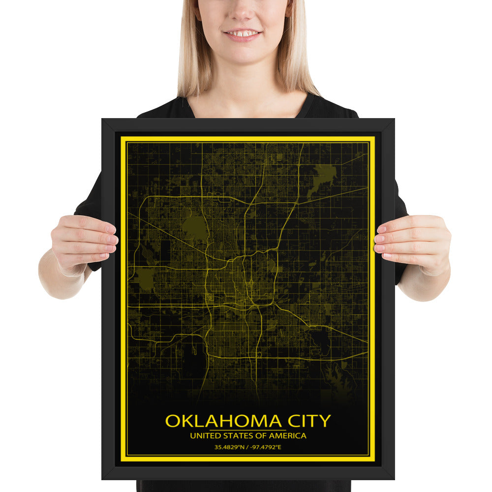 Oklahoma City Black and Yellow Framed Map