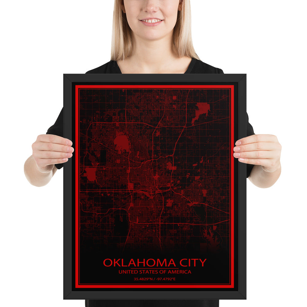 Oklahoma City Black and Red Framed Map