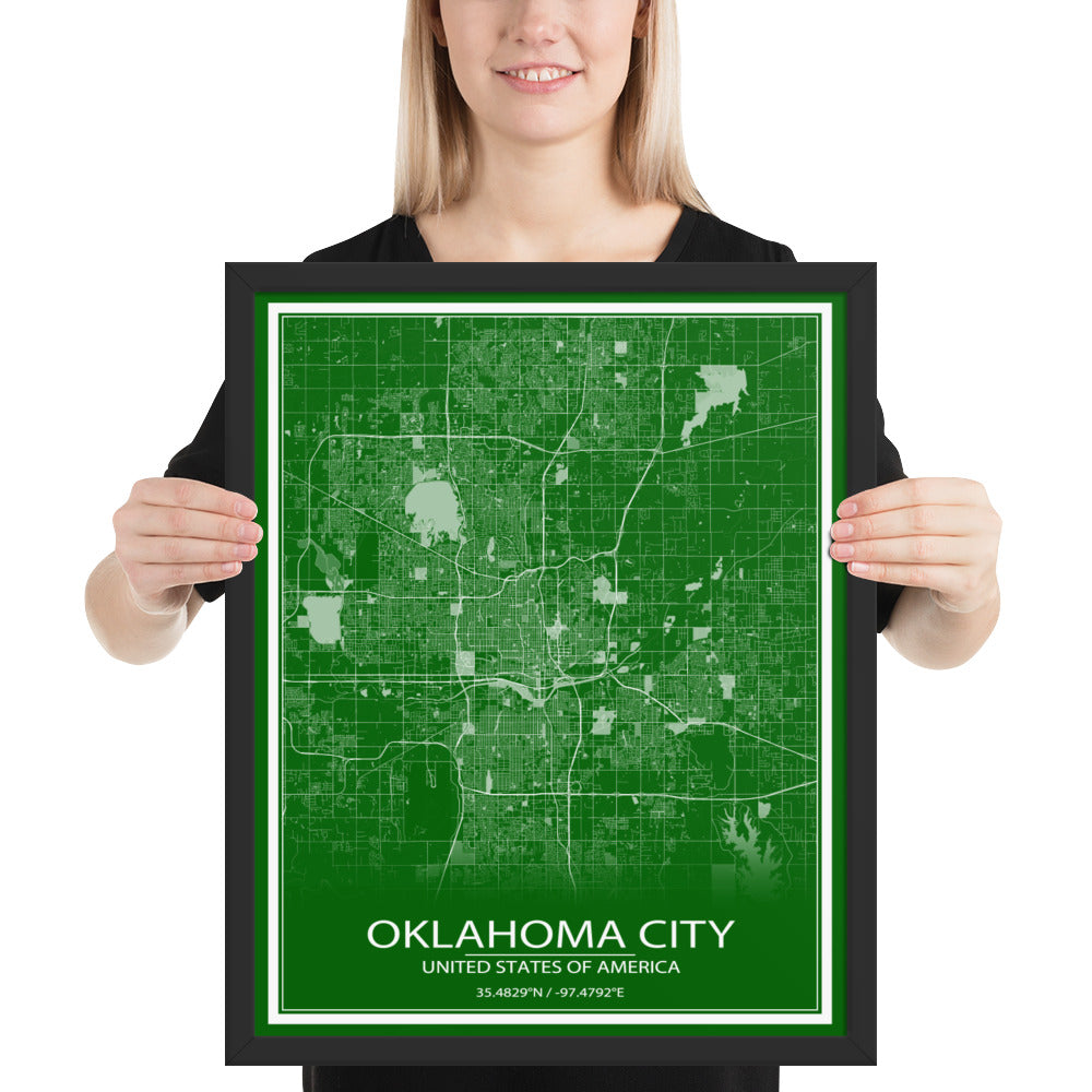 Oklahoma City Green and White Framed Map