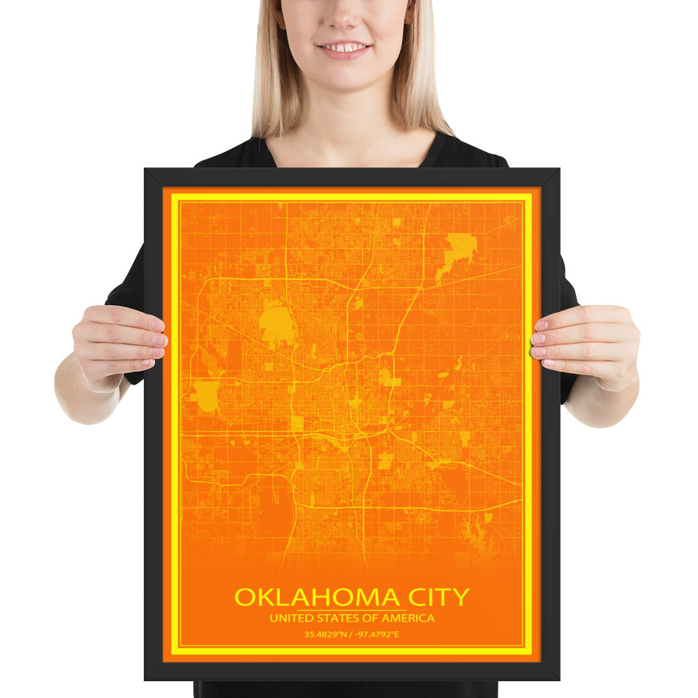 Oklahoma City Orange and Yellow Framed Map