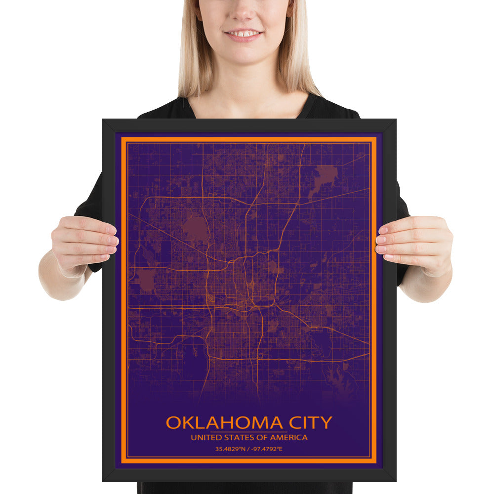 Oklahoma City Purple and Orange Framed Map