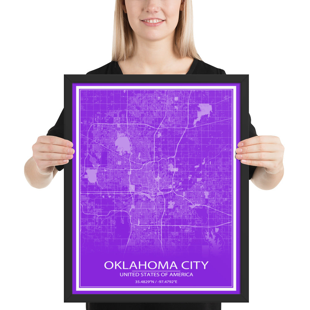 Oklahoma City Purple and White Framed Map