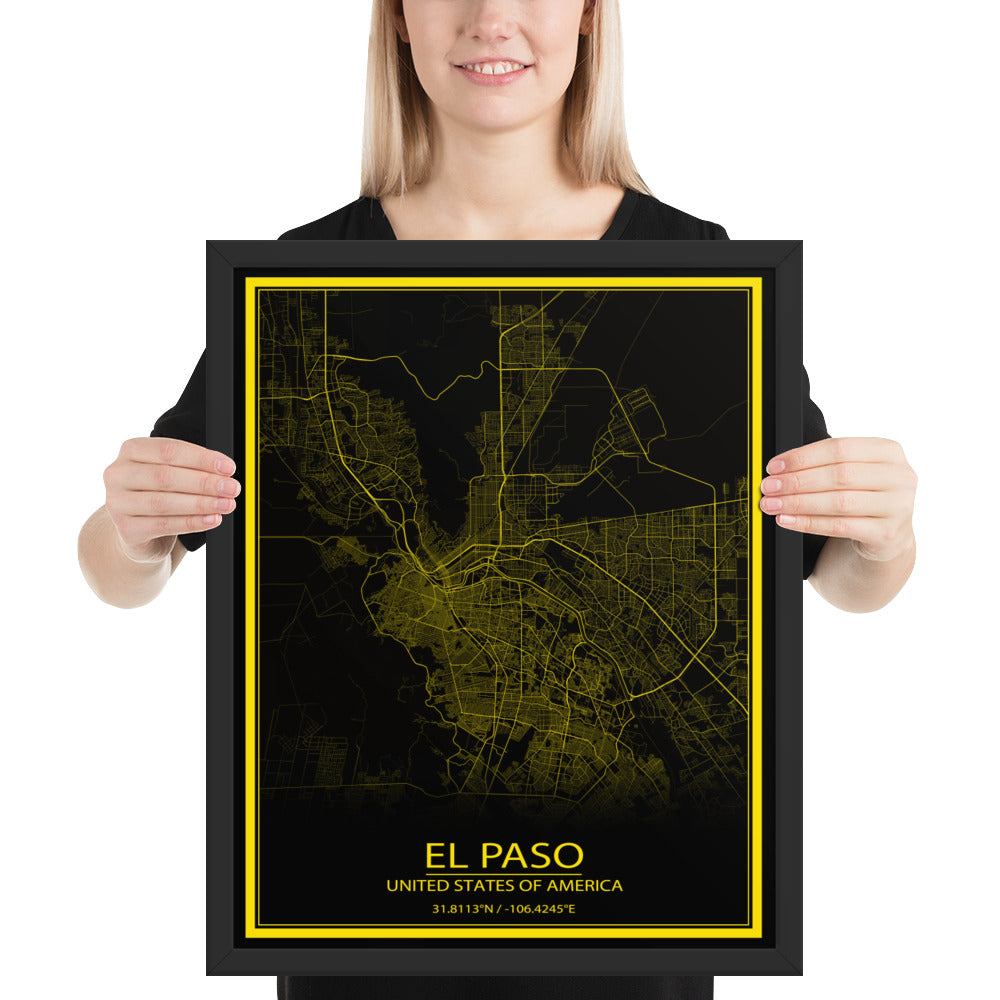 El Paso Black and Yellow Framed Map