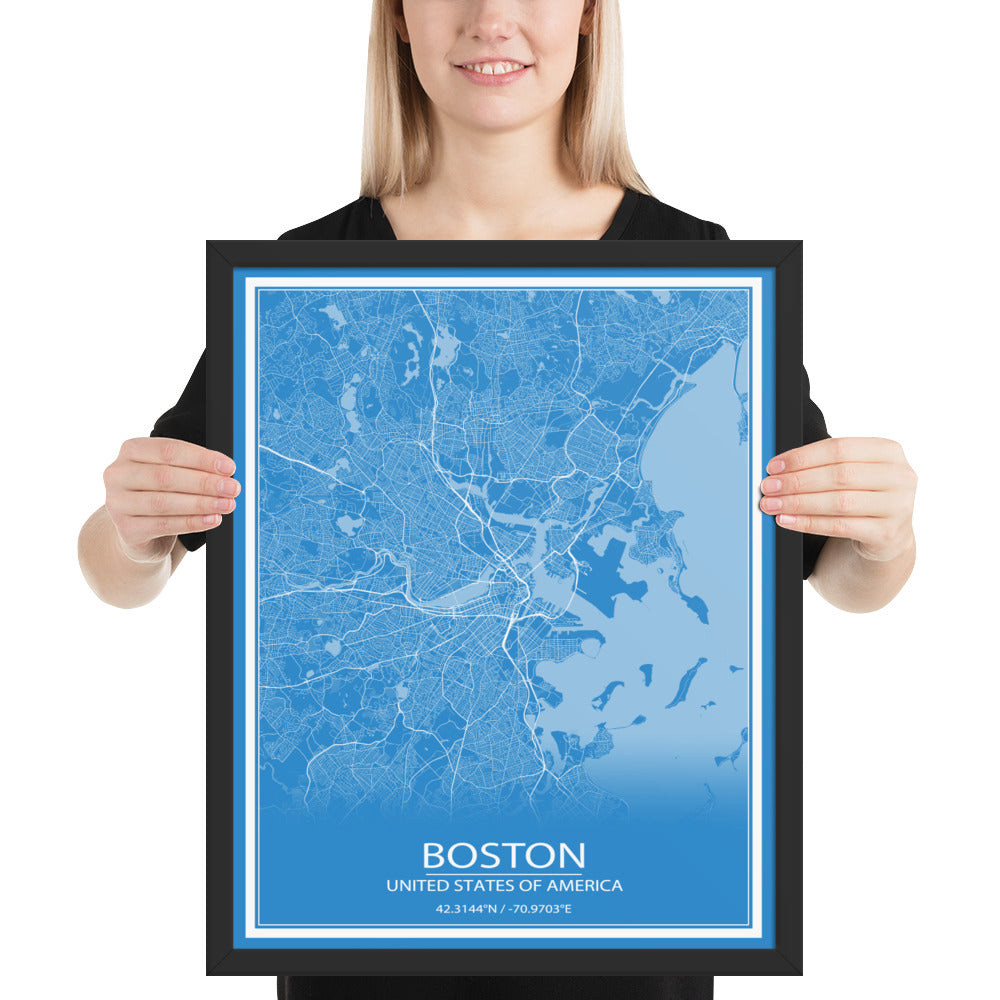 Boston Blue and White Framed Map