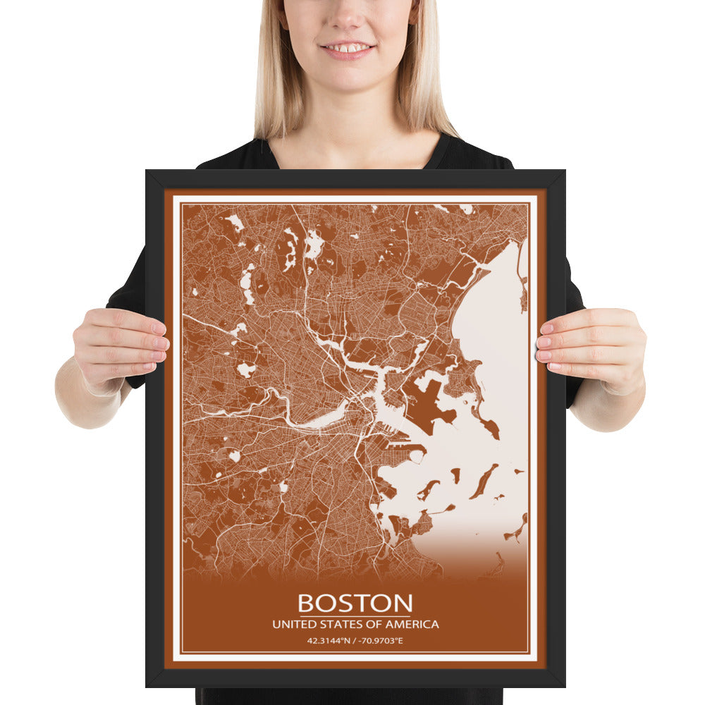 Boston Brown and White Framed Map