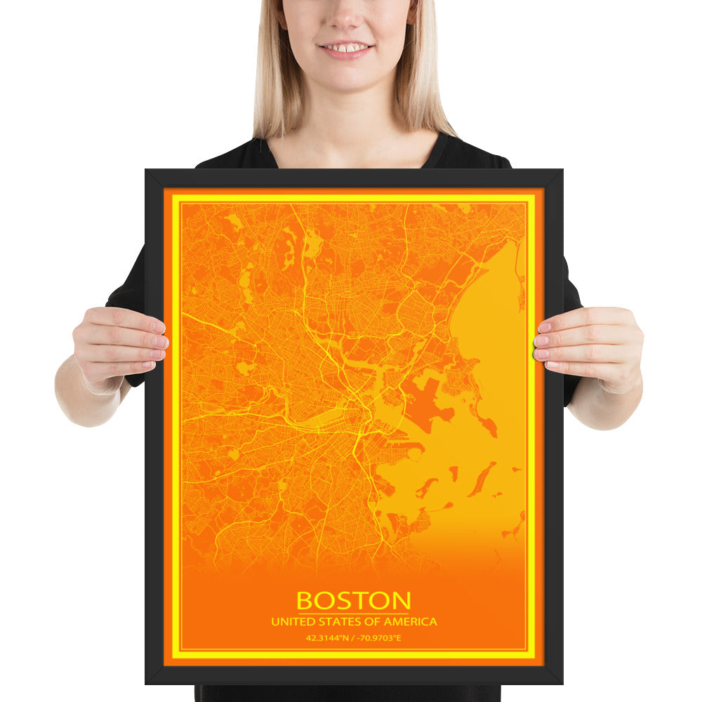 Boston Orange and Yellow Framed Map