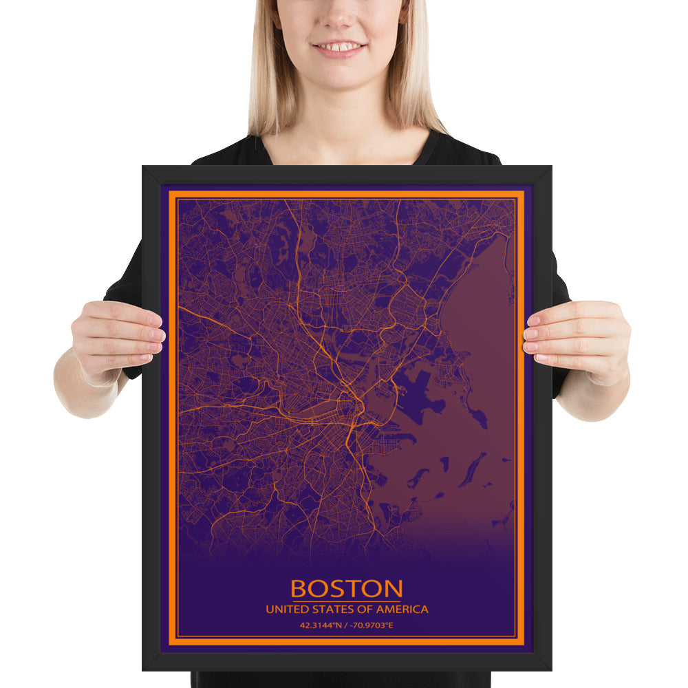 Boston Purple and Orange Framed Map