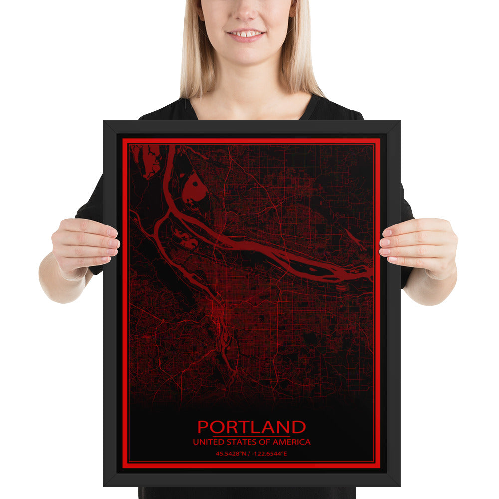 Portland Black and Red Framed Map