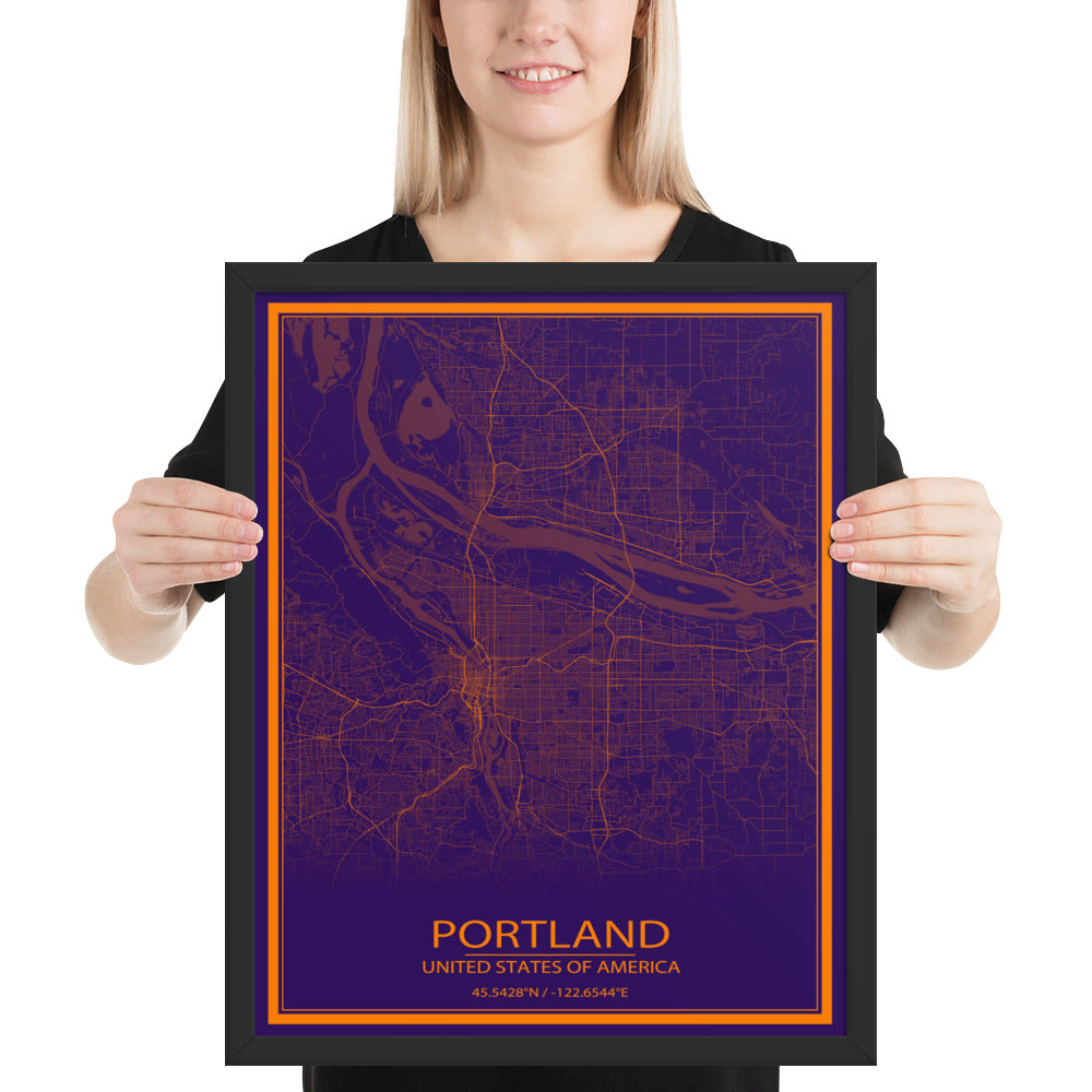 Portland Purple and Orange Framed Map