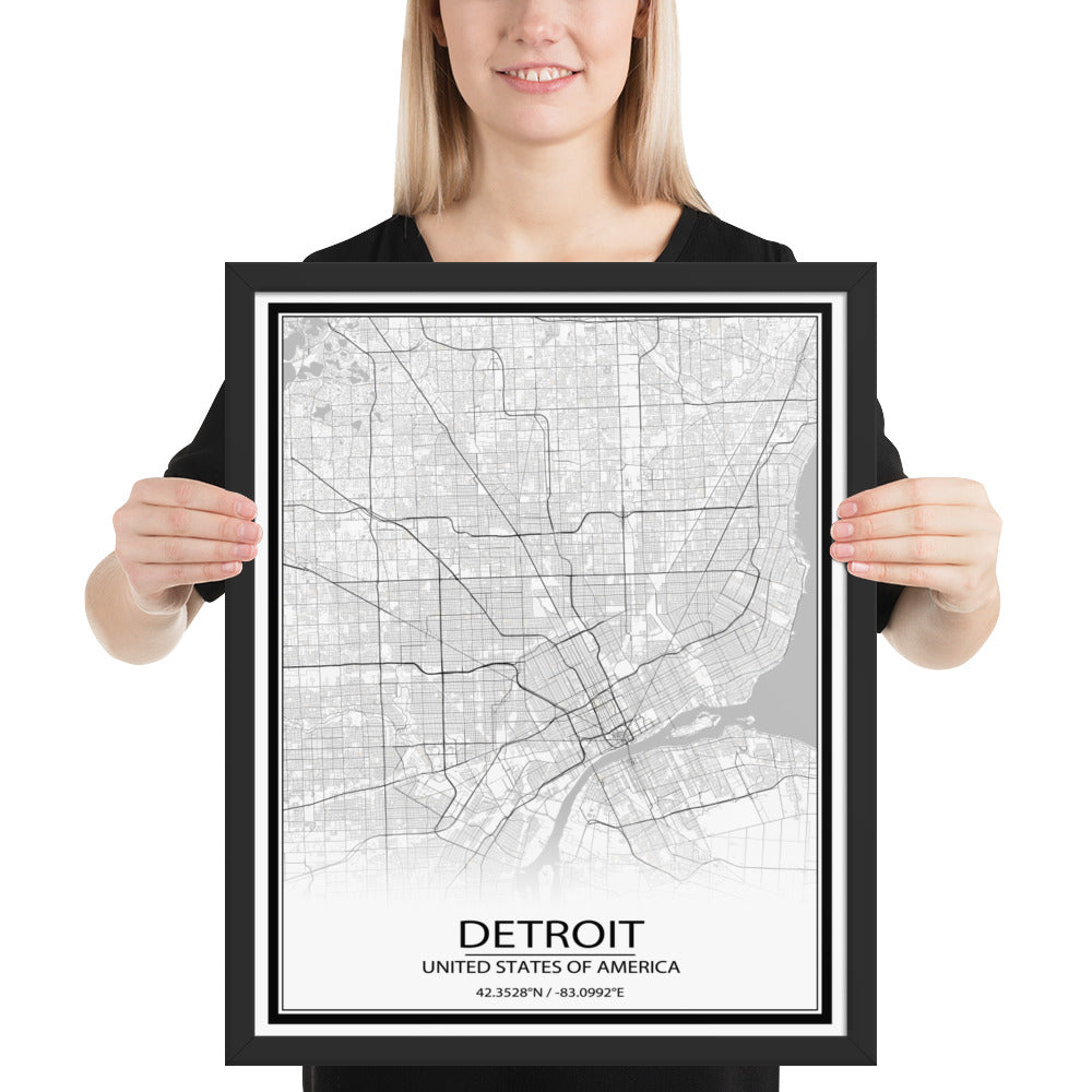 Detroit White Framed Map