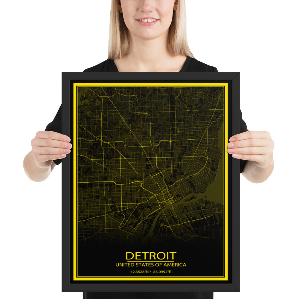 Detroit Black and Yellow Framed Map