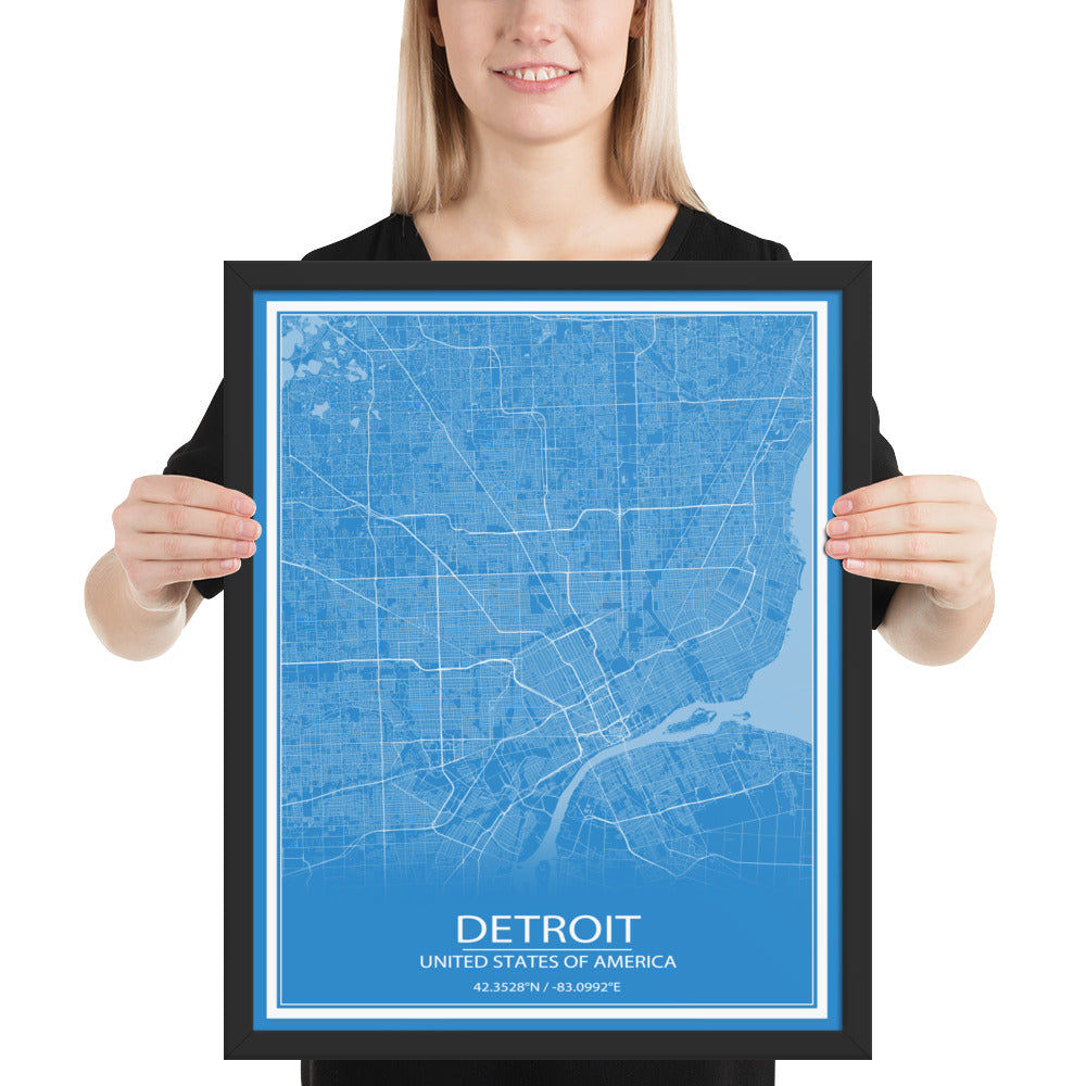 Detroit Blue and White Framed Map