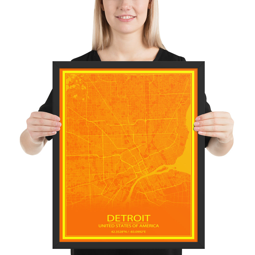 Detroit Orange and Yellow Framed Map