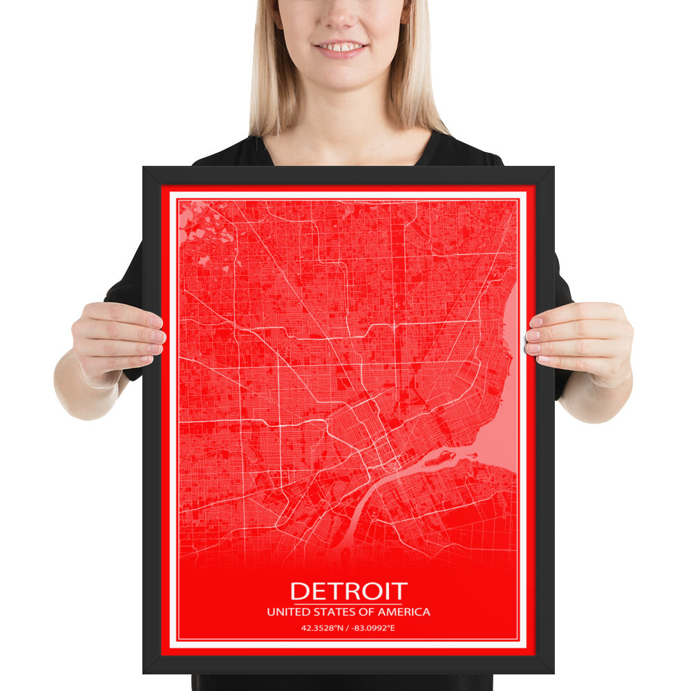 Detroit Red and White Framed Map