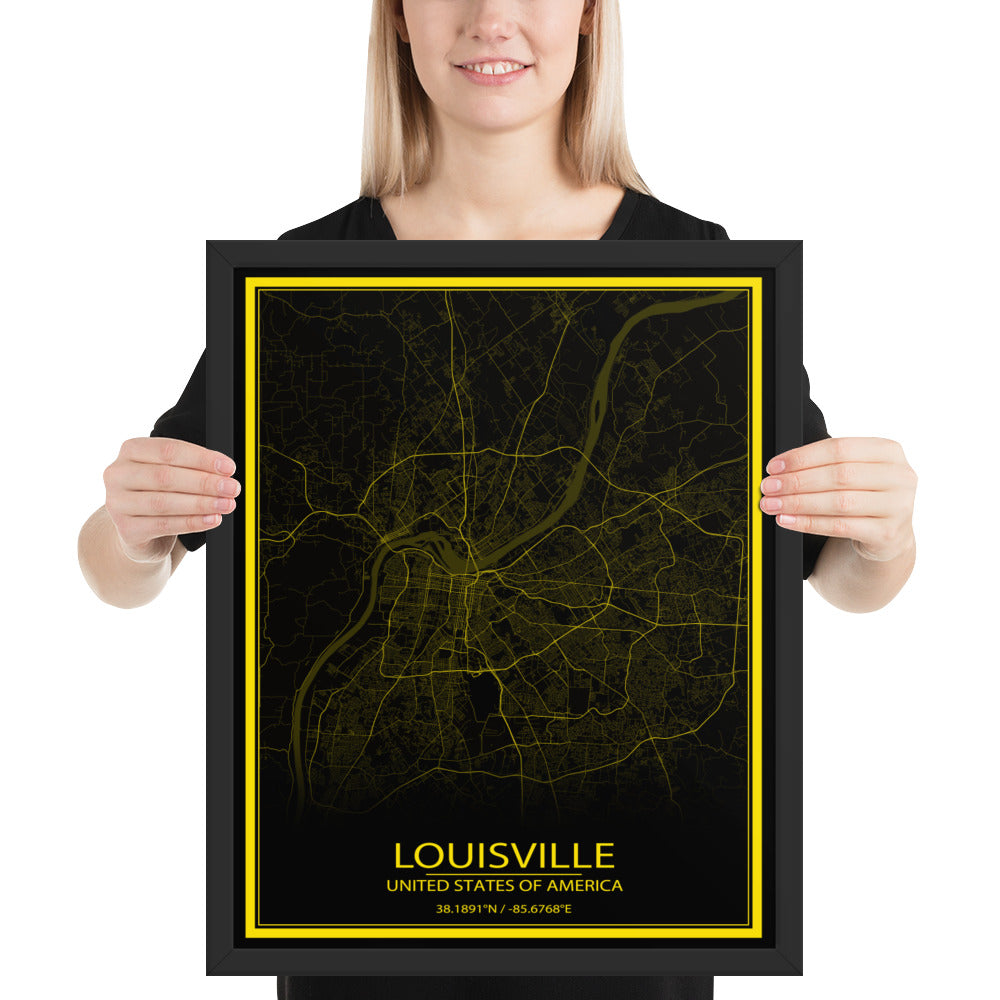 Louisville Black and Yellow Framed Map