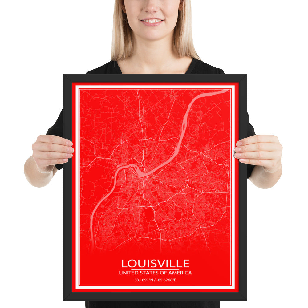 Louisville Red and White Framed Map