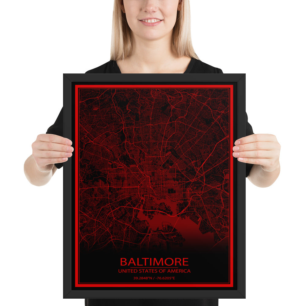 Baltimore Black and Red Framed Map