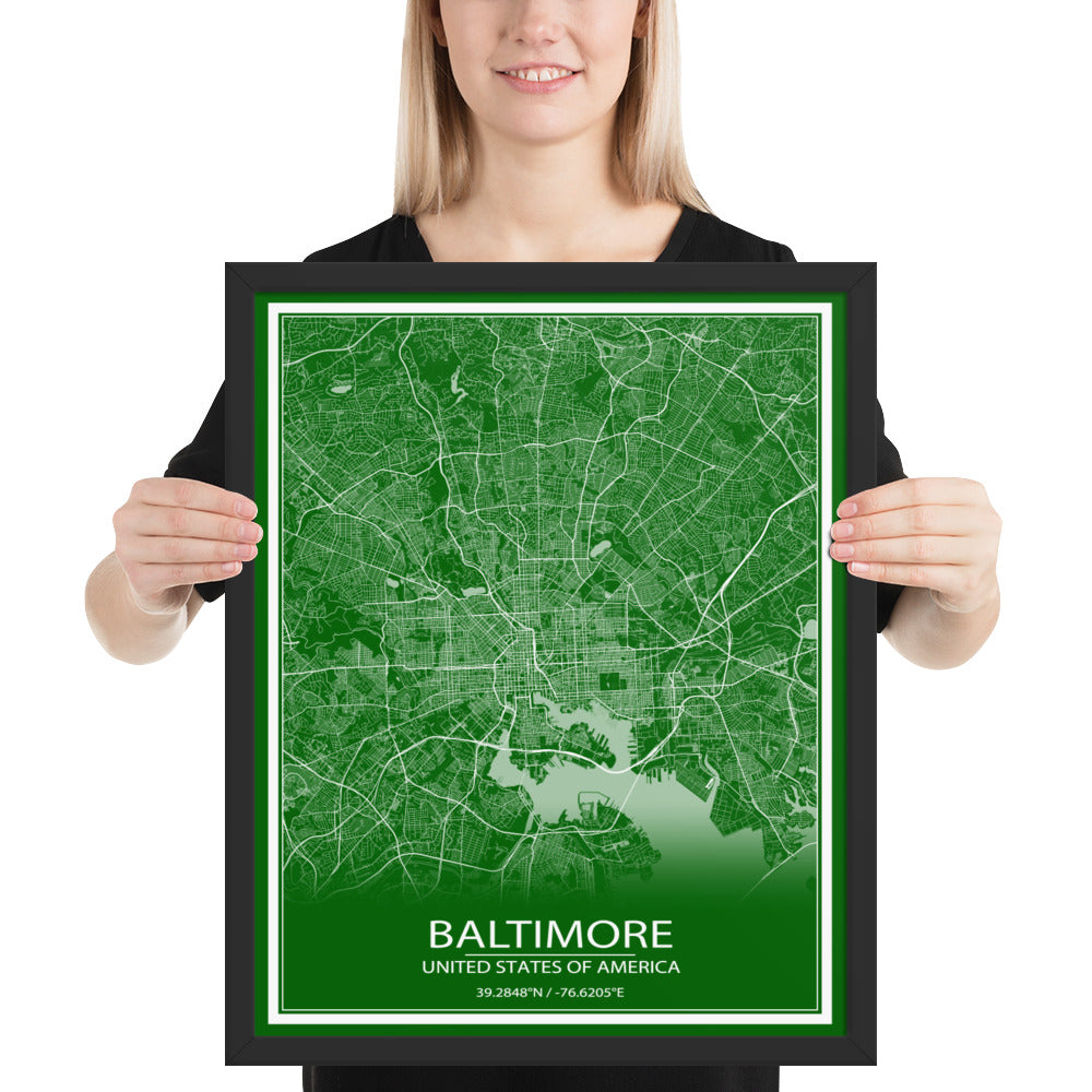 Baltimore Green and White Framed Map