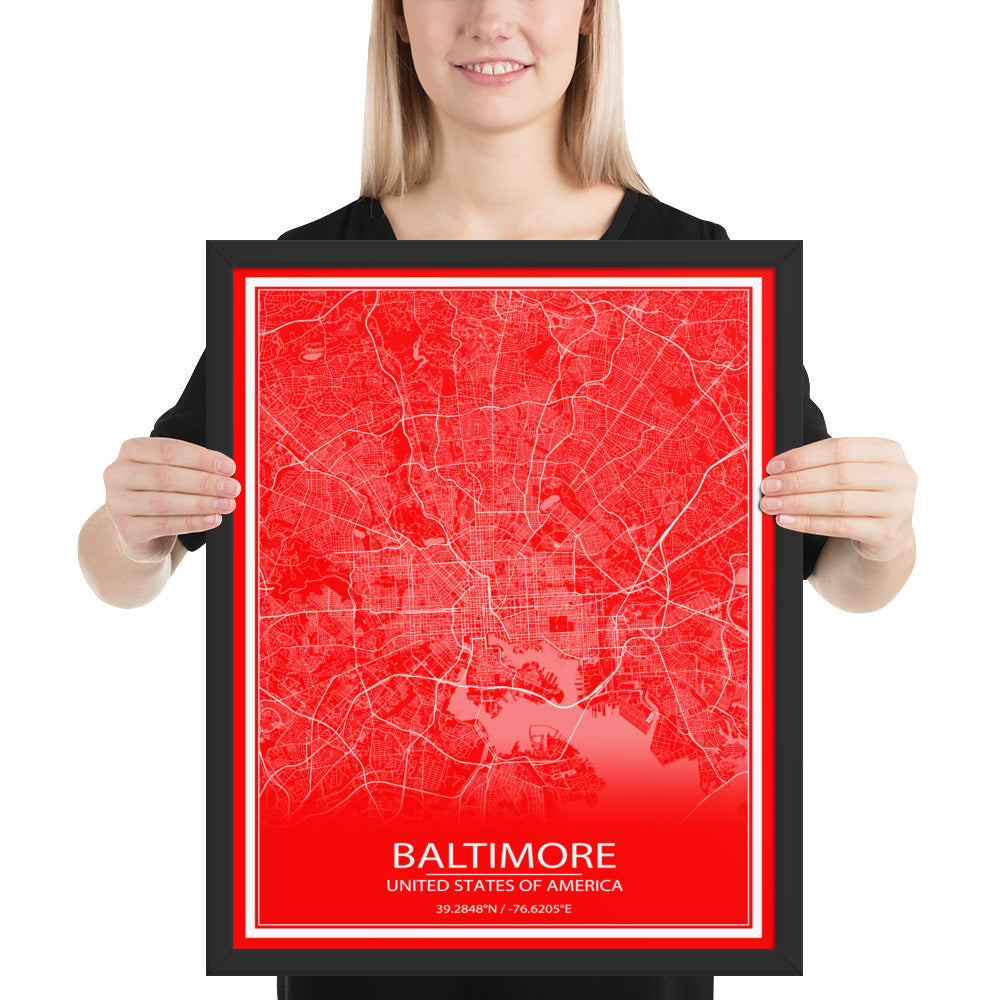 Baltimore Red and White Framed Map