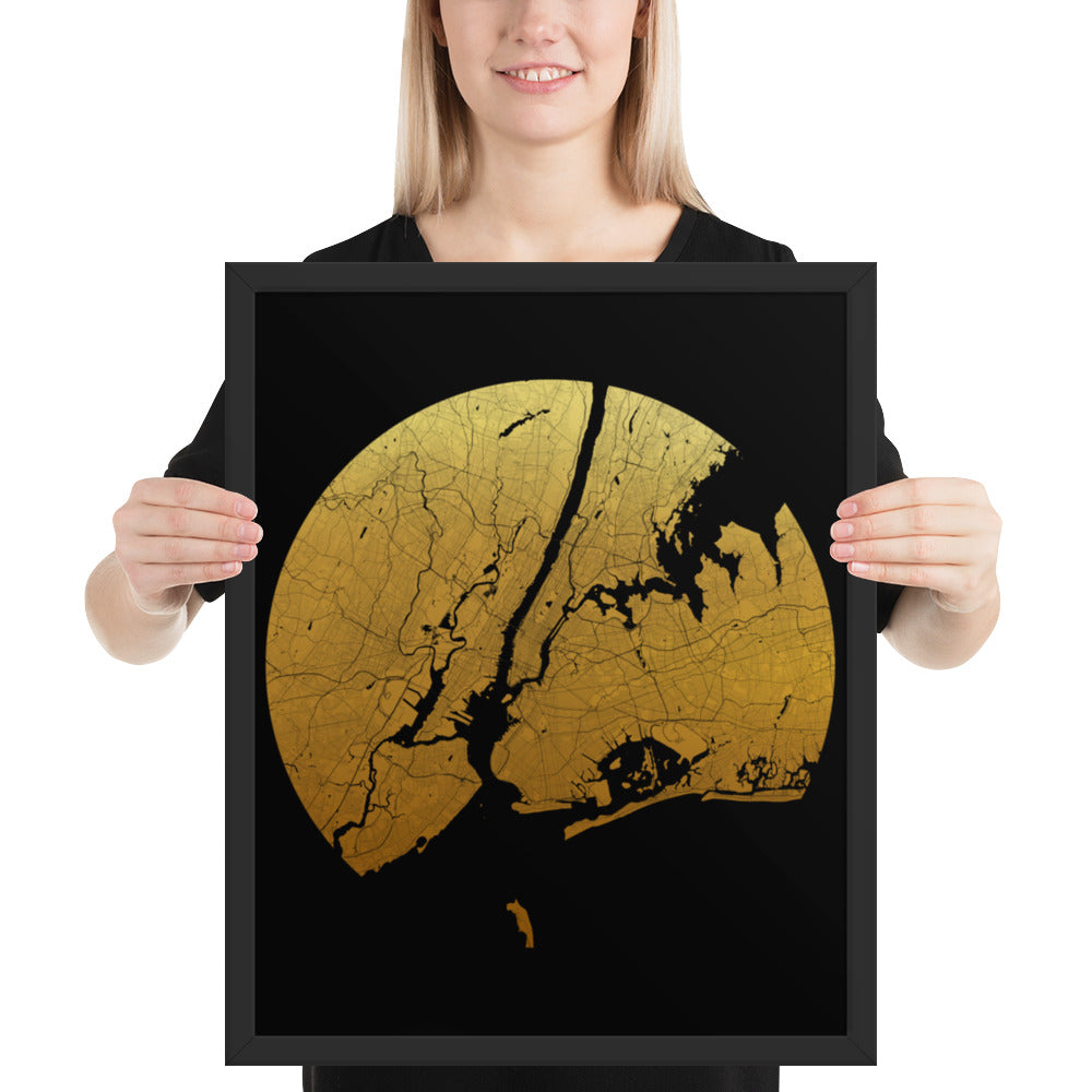 New York Gold on Black Framed Map