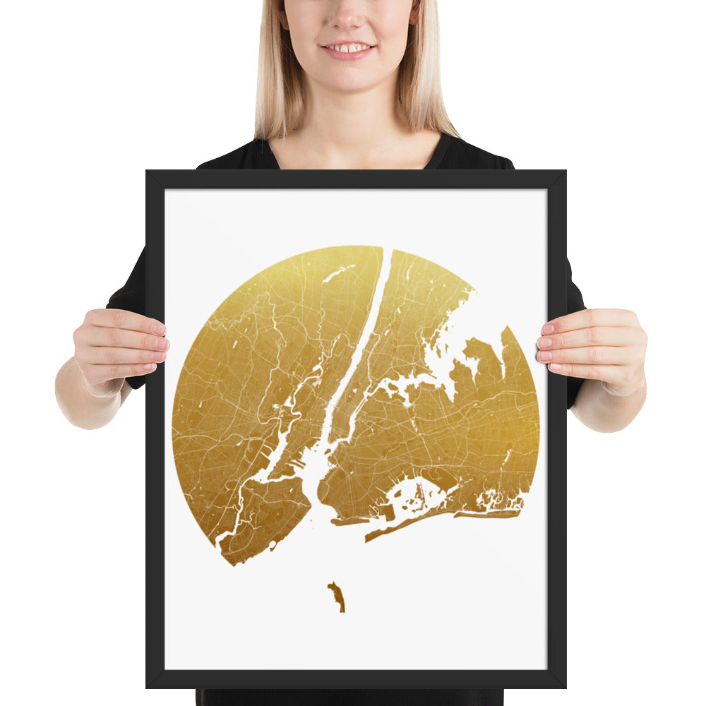 New York Gold on White Framed Map