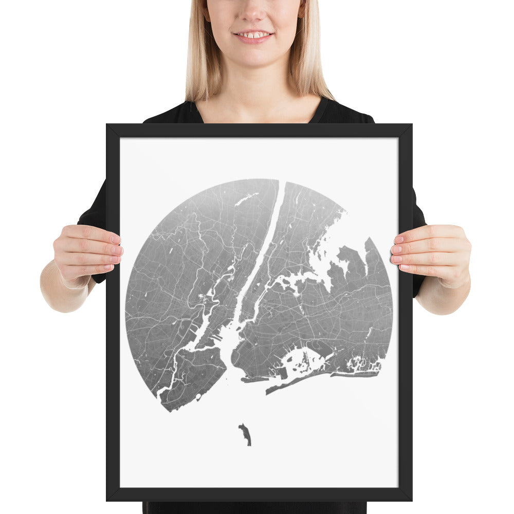 New York Silver on White Framed Map