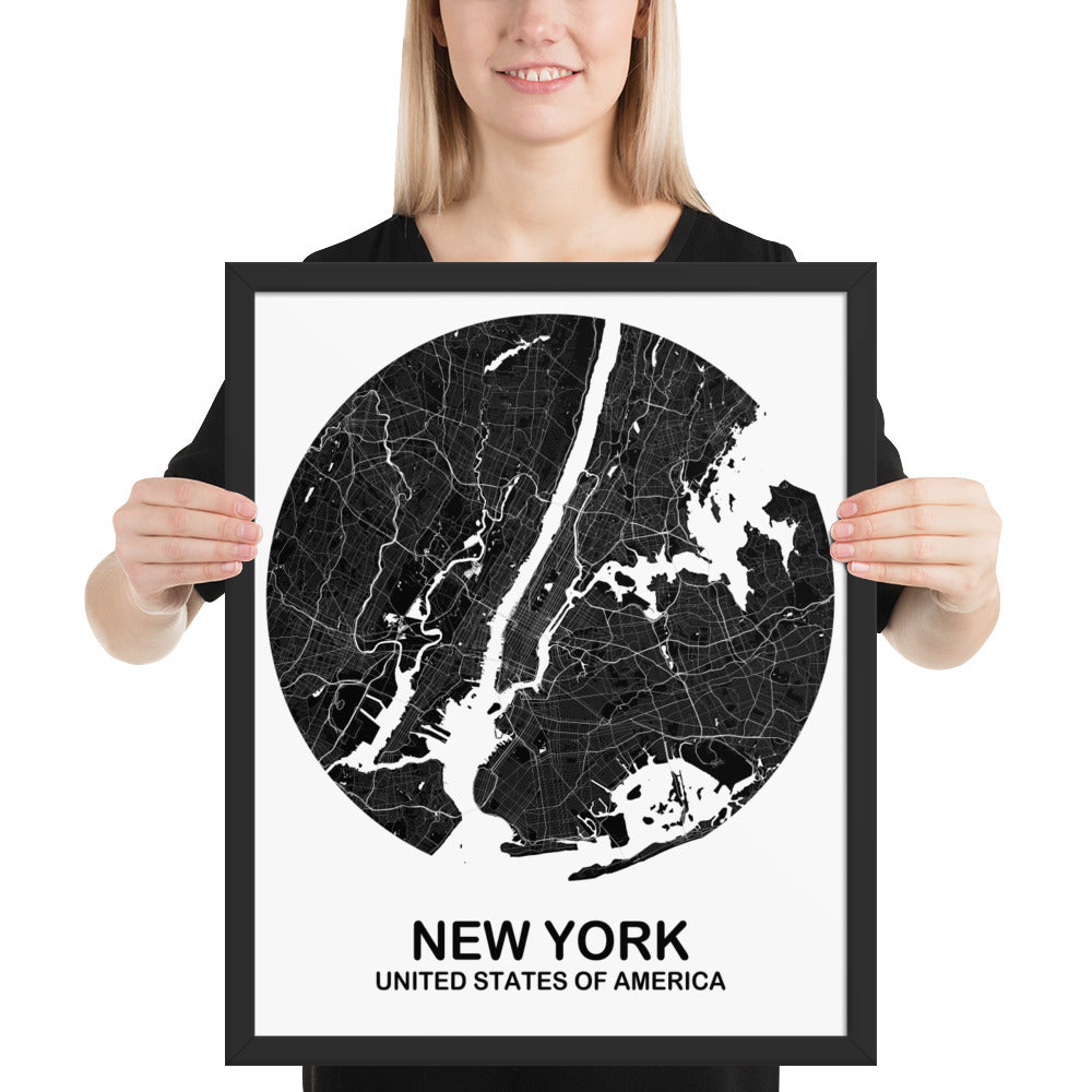 New York Circular Black Framed Map