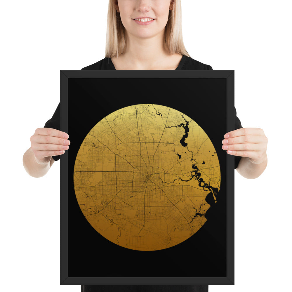 Houston Gold on Black Framed Map