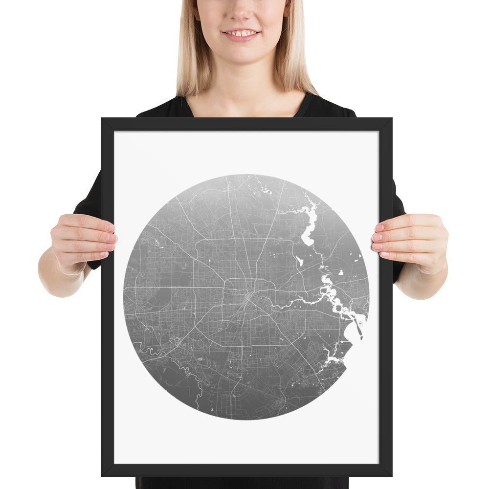 Houston Silver on White Framed Map