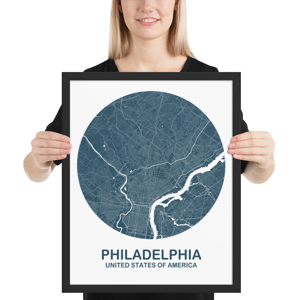 Philadelphia Circular Blue Framed Map