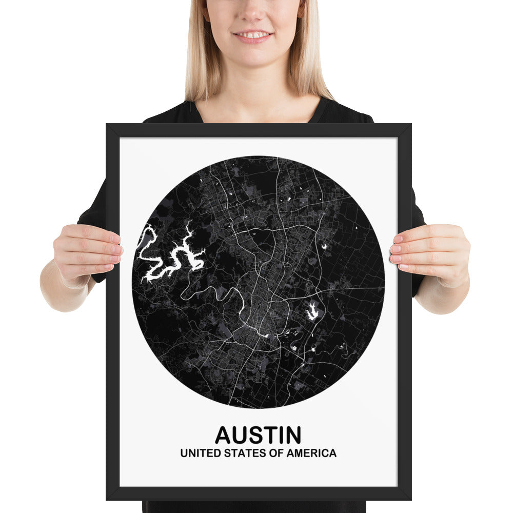 Austin Circular Black Framed Map