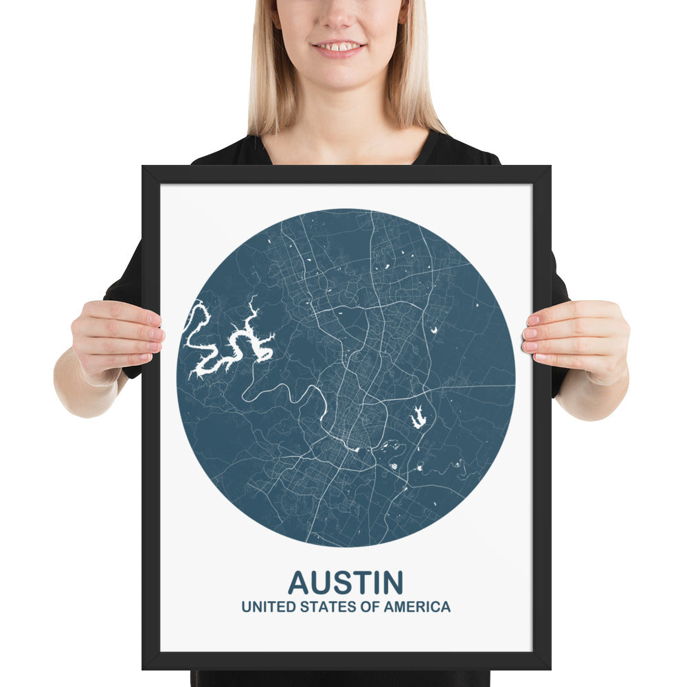 Austin Circular Blue Framed Map