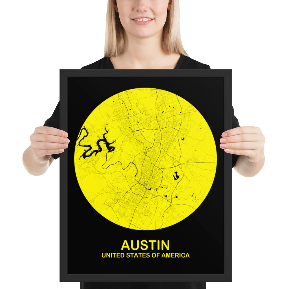 Austin Circular Yellow Framed Map