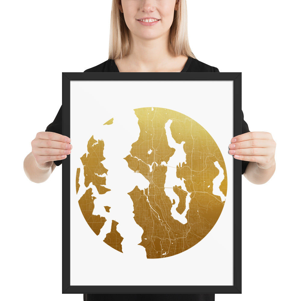 Seattle Gold on White Framed Map