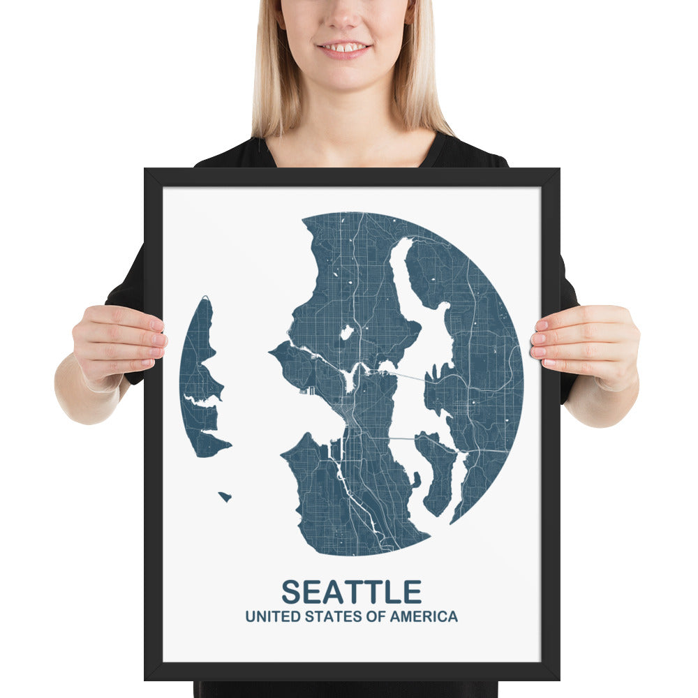 Seattle Circular Blue Framed Map