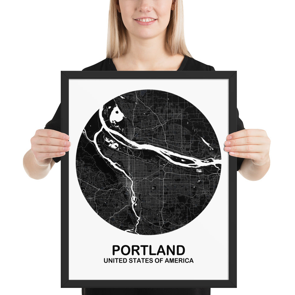 Portland Circular Black Framed Map