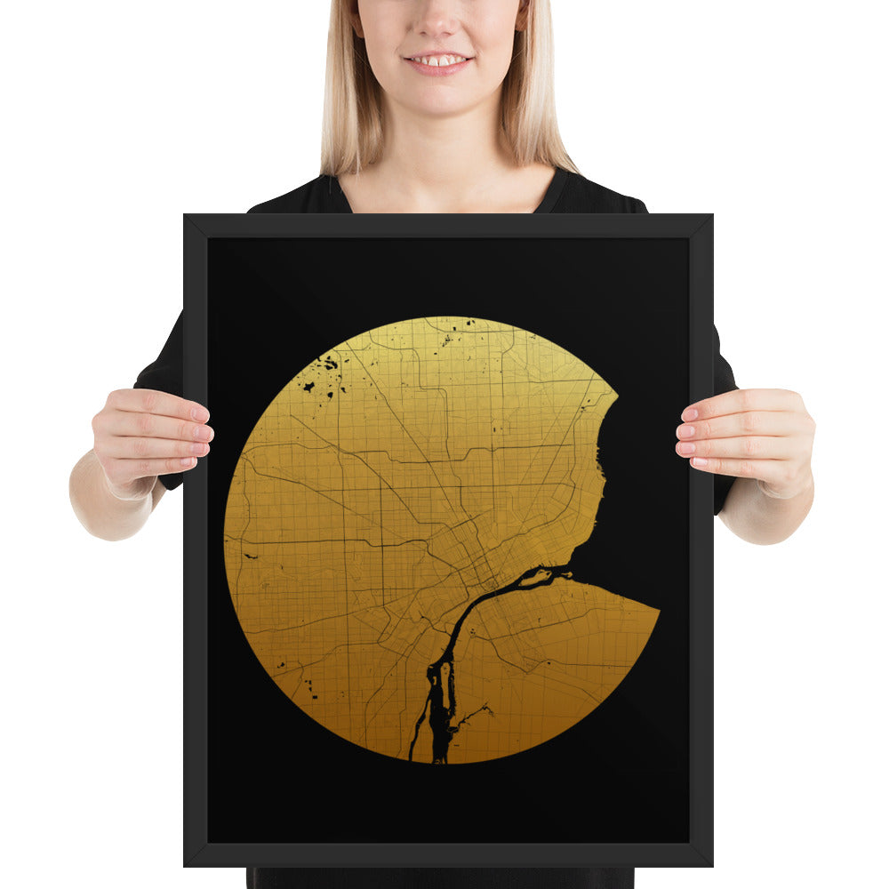 Detroit Gold on Black Framed Map