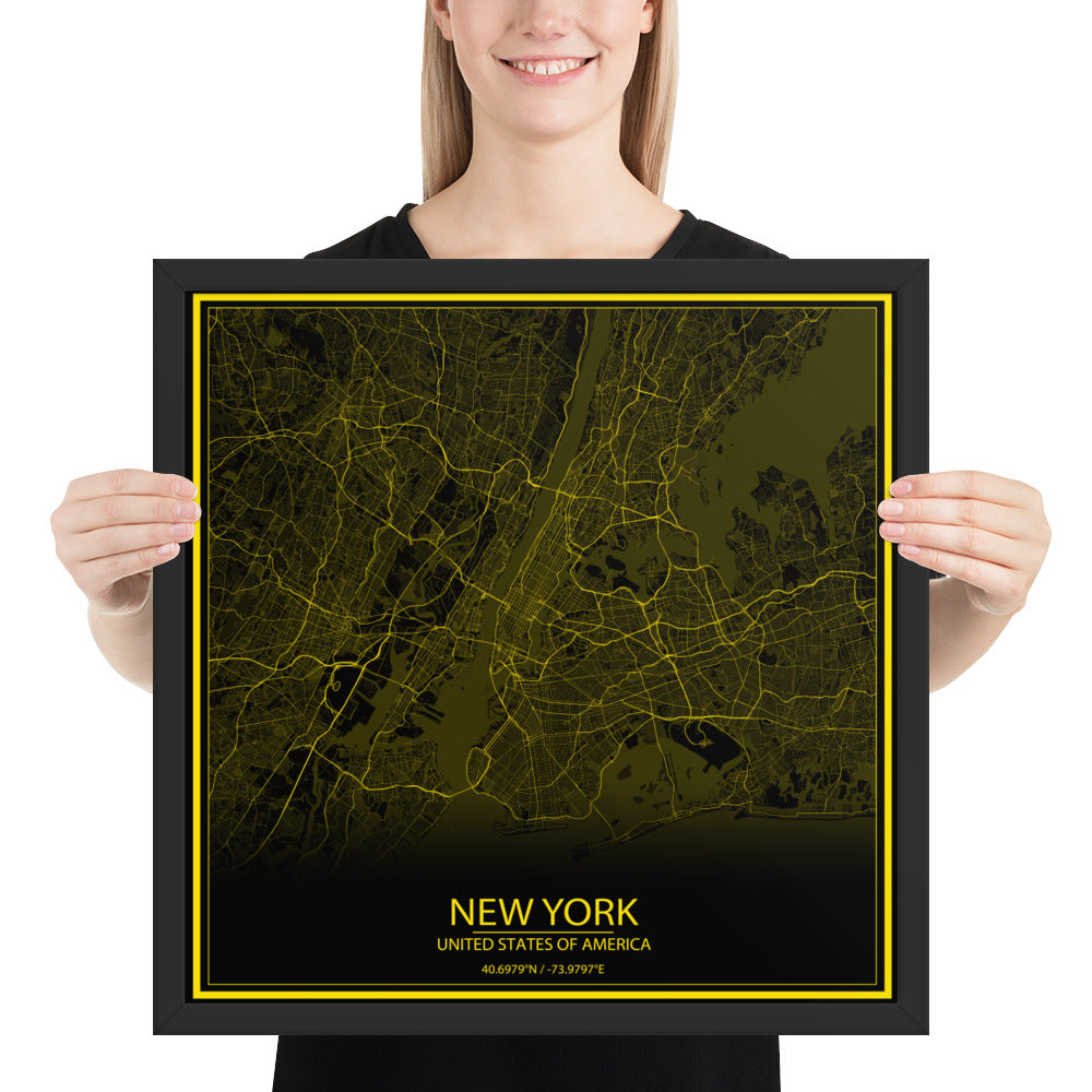 New York Black and Yellow Framed Map