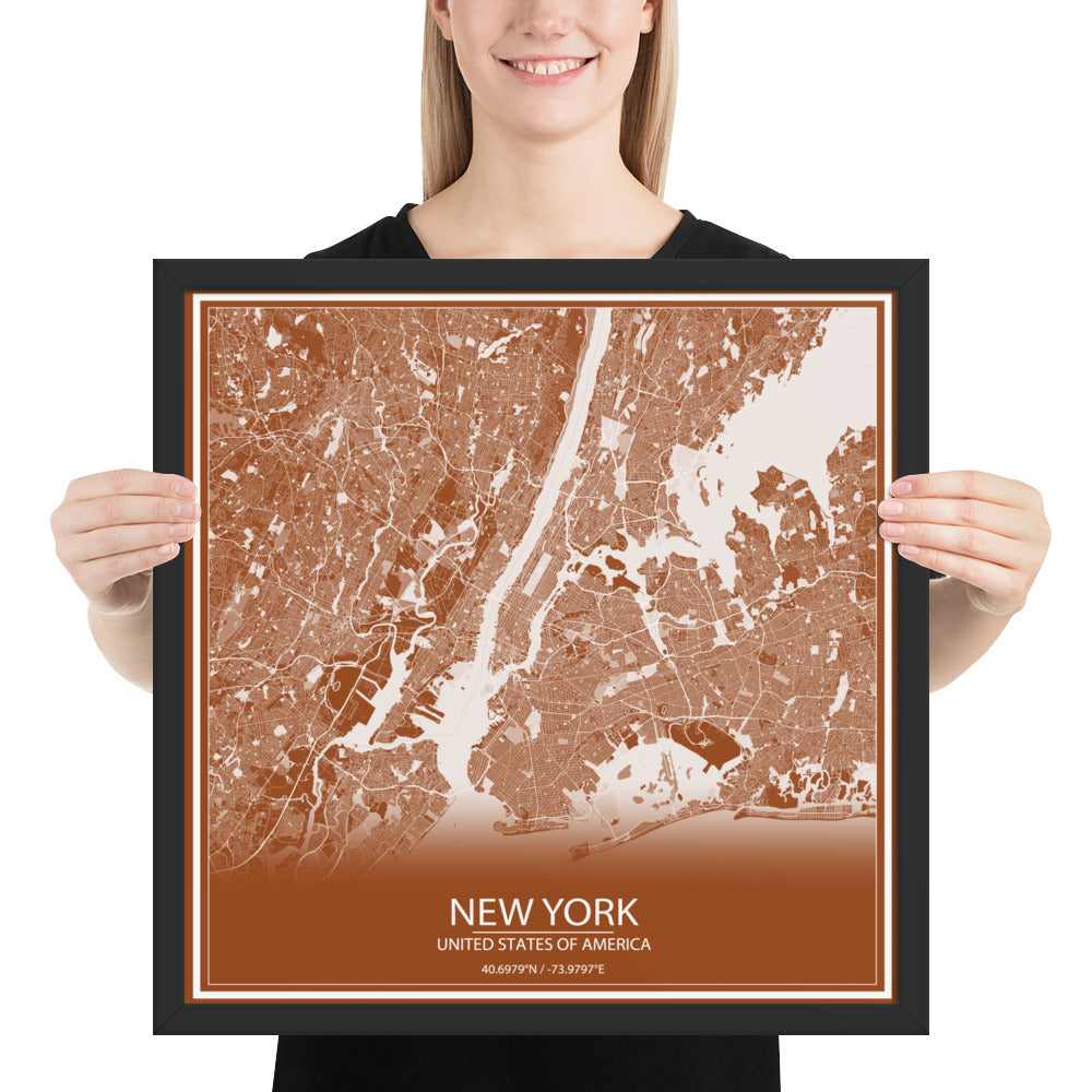 New York Brown and White Framed Map