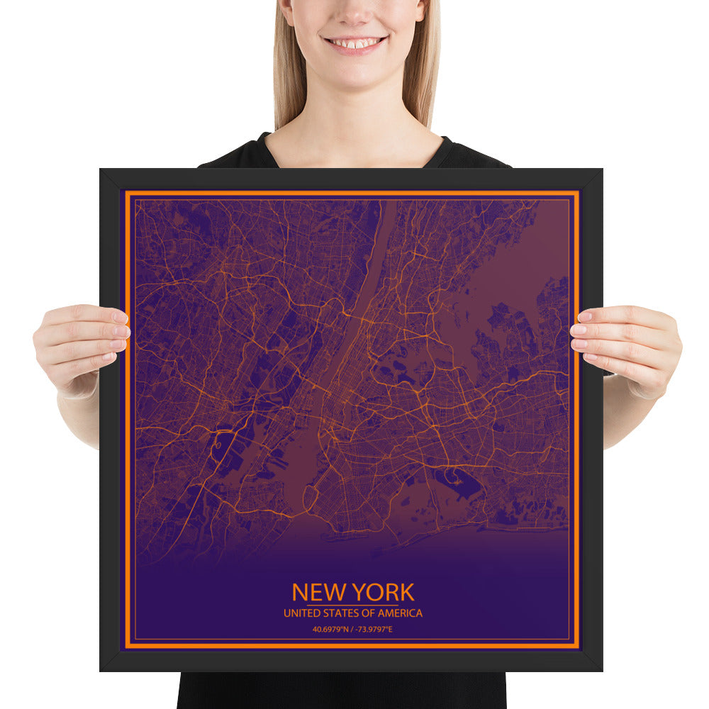 New York Purple and Orange Framed Map